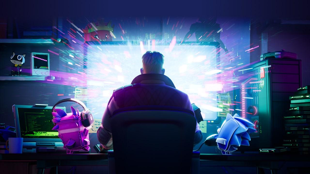 A seated figure faces a bank of glowing computer screens in a dark blue and purple room.