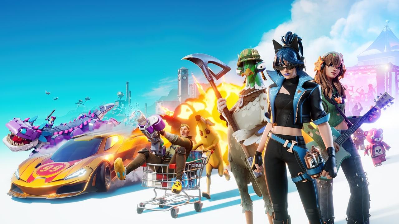Fortnite characters and vehicles form a diagonal lineup over white ground beneath a bright cyan sky.