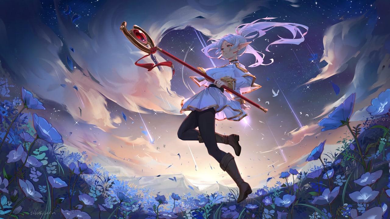 Frieren floats above a field of blue flowers beneath a swirling evening sky. Dense blossoms and luminous clouds frame the spellcasting pose. Source: 4kwallpapers.com. Original artist not identified by the source page.