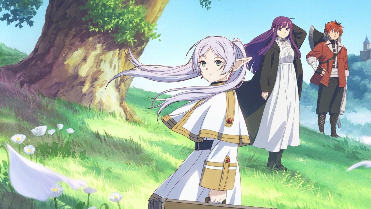 Frieren, Fern and Stark stand in a bright meadow beside an old tree. White flowers, distant buildings and drifting petals give the landscape a gentle rhythm. Source: 4kwallpapers.com. Original artist not identified by the source page.