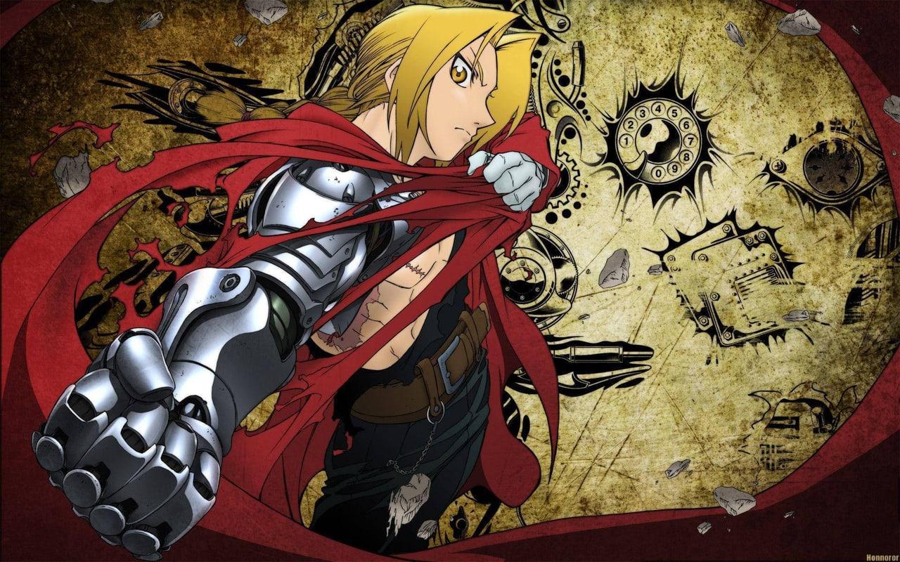 Edward Elric reaches forward with his automail arm against a parchment collage of alchemical symbols. Red cloth and metal frame the left while diagrams fill the right.