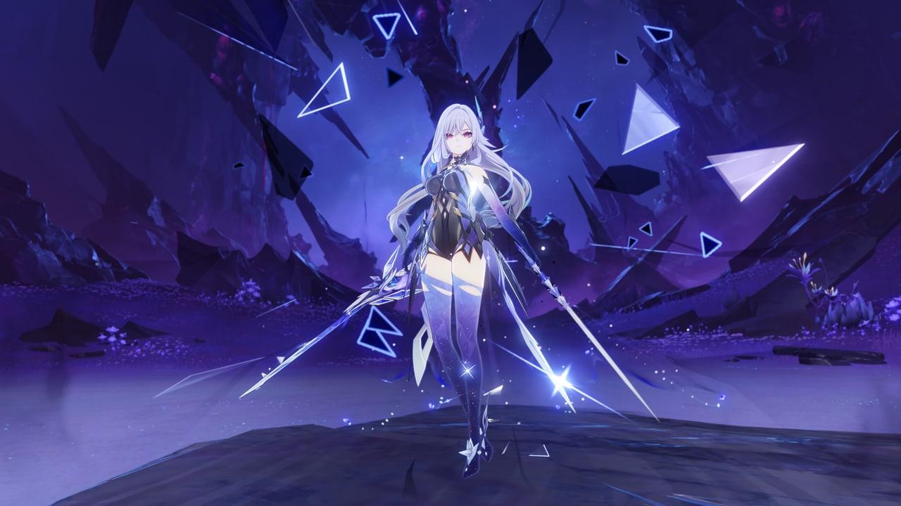 Skirk stands with her sword amid floating geometric fragments in a shadowy purple scene.