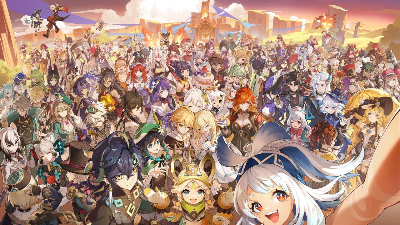 A large Genshin Impact cast fills a warmly lit public square with architecture and characters across the entire frame.