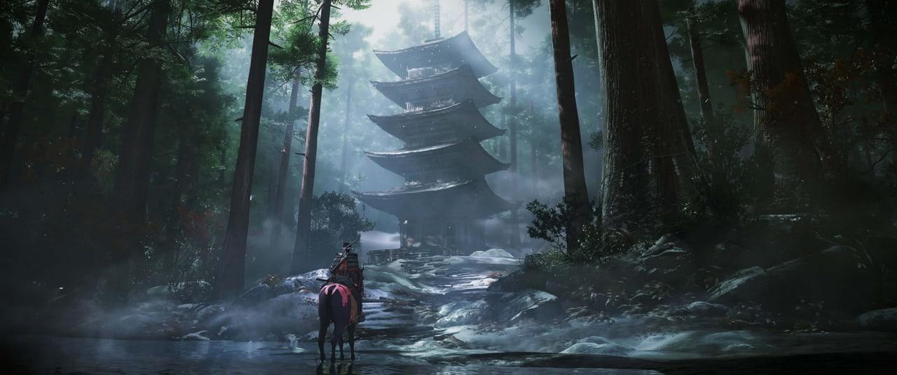 A mounted traveler follows a damp path toward a pagoda in a misty forest. Tall trunks, mossy stones and water stay visible at both sides of the chat.