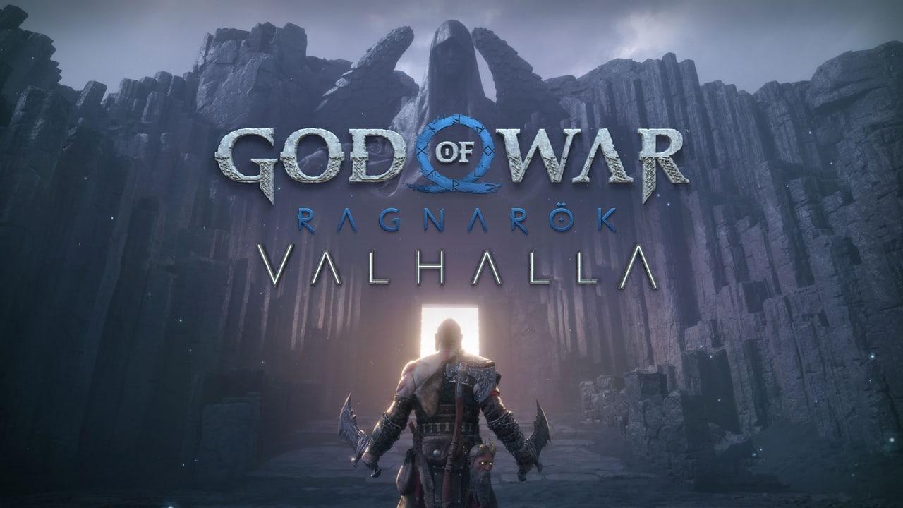 Kratos approaches a bright opening between imposing basalt columns. The temple walls create a continuous stone frame even when the central gateway is covered.