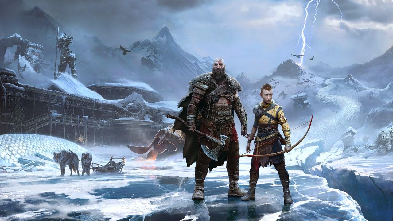 Kratos and Atreus cross an icy landscape surrounded by wolves, distant mountains and stone structures. Cracked ice and snowy cliffs fill the outer strips.
