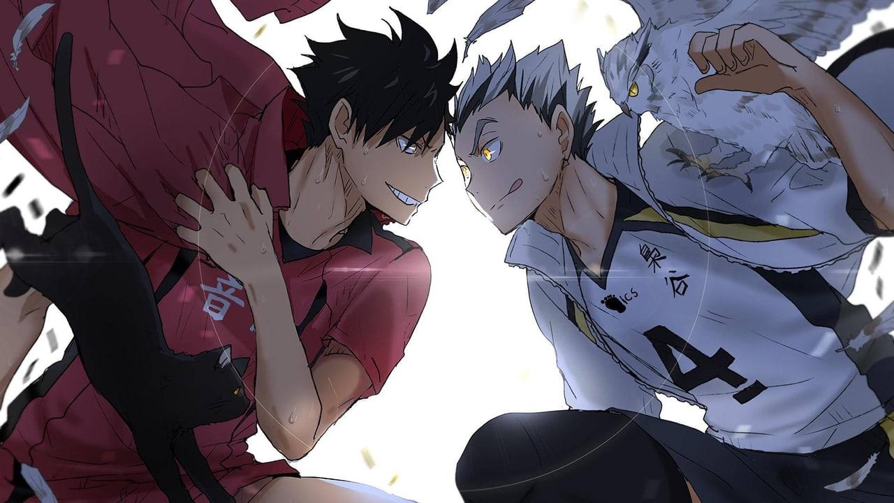 Kuroo and Bokuto lean toward each other in red and pale gray uniforms. Their arms and jerseys fill both edges while a bright central gap separates the figures.