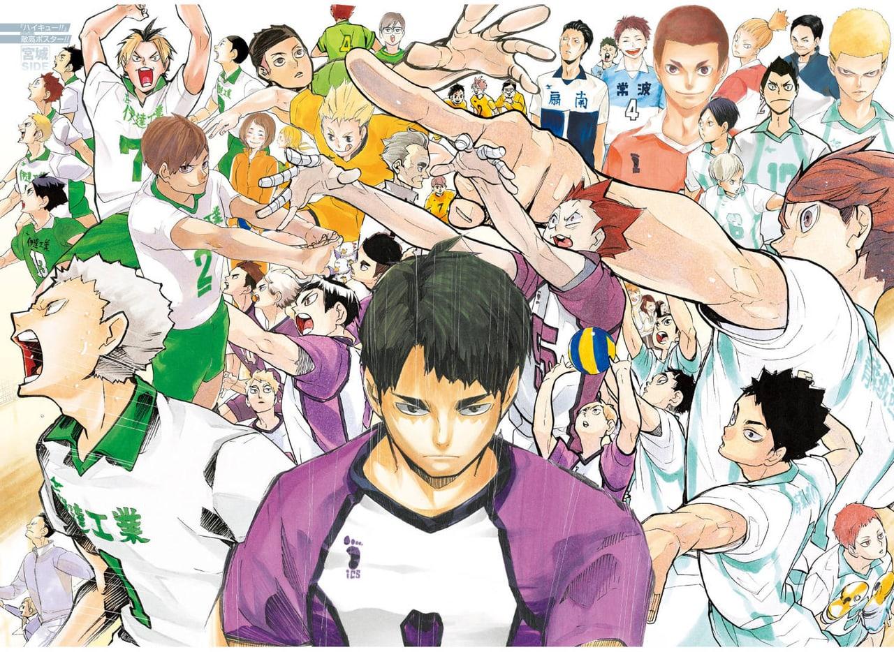A broad manga ensemble brings together volleyball players in green, white and purple uniforms. Multiple faces, hands and jerseys remain in the side crop.