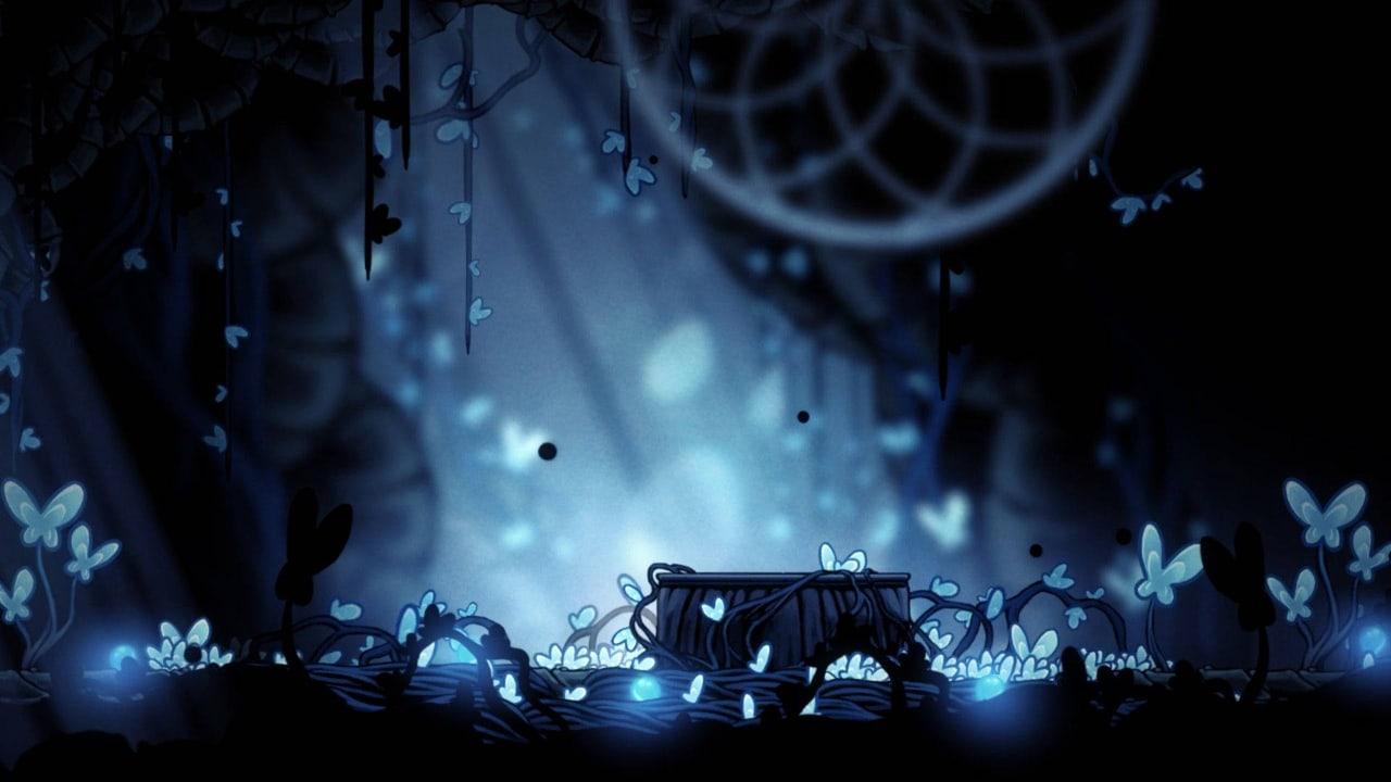 A small resting place sits among blue butterflies in a dark grove. Roots, dangling structures and glowing plants surround the quiet center. Source: vzc82ror on Wallpapers.com. Original artist not identified by the page.