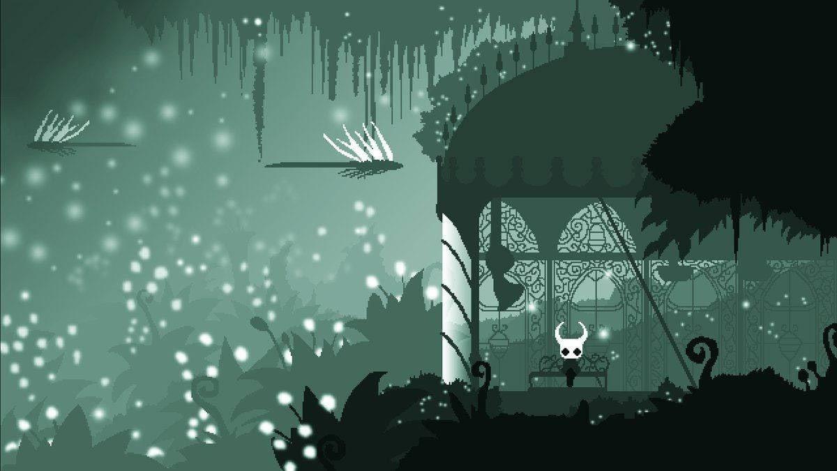 The Knight rests inside a delicate pavilion in a green cavern filled with drifting white lights. Silhouetted plants and stone shapes extend to both edges. Source: rospo19 on Wallpapers.com. Original artist not identified by the page.