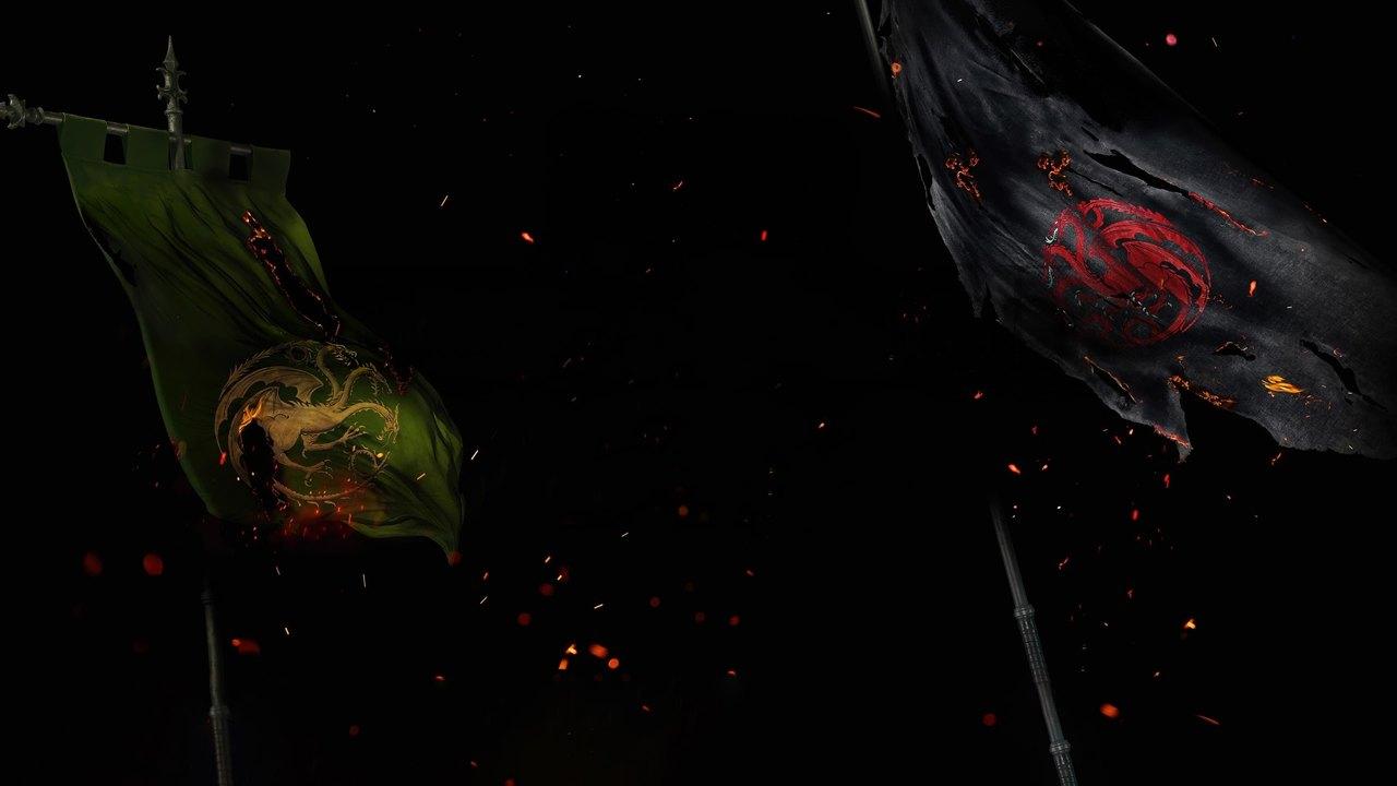 Green and black dragon banners hang in near-black space with small drifting orange embers.