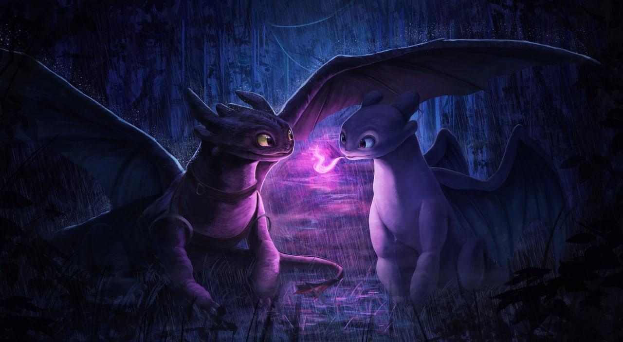 Toothless and the Light Fury meet around a violet glow in a blue cavern. Wings, roots and textured cave walls reach into the outer frame. Source: 4kwallpapers.com. Original artist not identified by the source page.