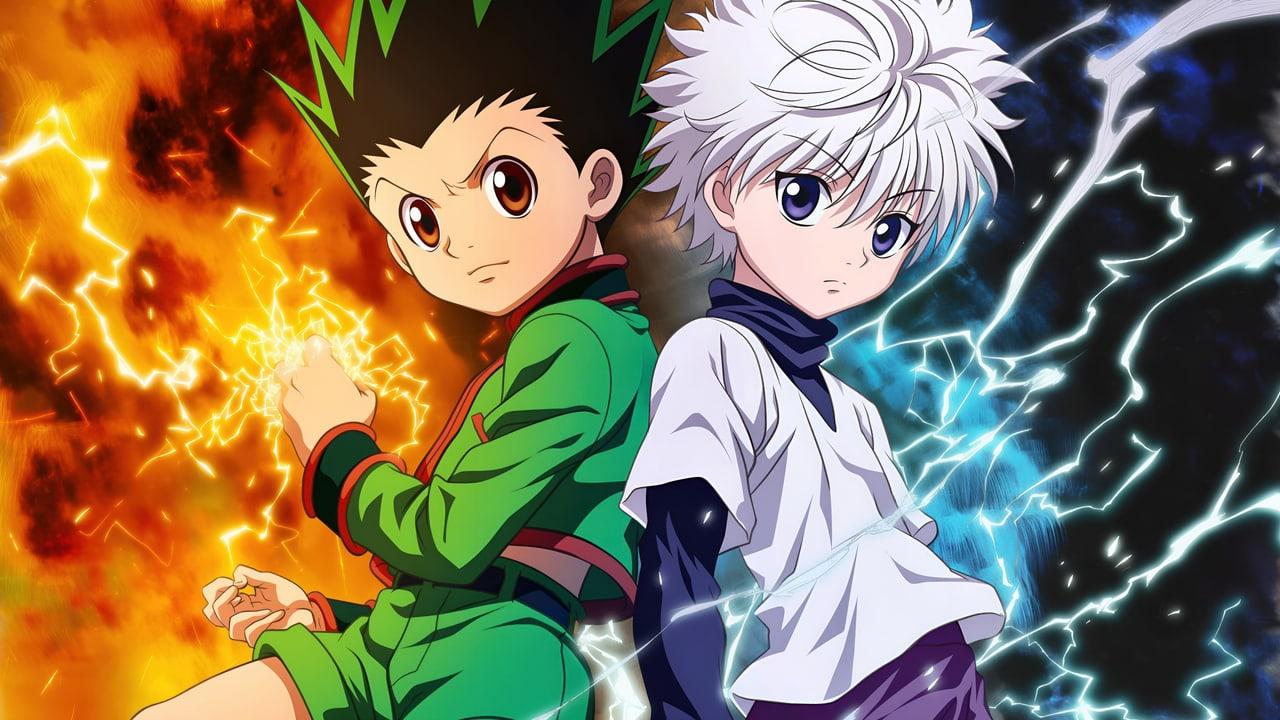 Gon and Killua stand between orange fire and blue-white electricity. Opposing energy fields remain visible around the central pair. Source: 4kwallpapers.com. Original artist not identified by the source page.