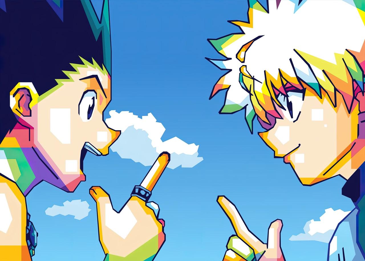 Gon and Killua face each other in a bright geometric illustration against a blue sky. Their enlarged profiles reach both sides of the frame. Source: 4kwallpapers.com. Original artist not identified by the source page.