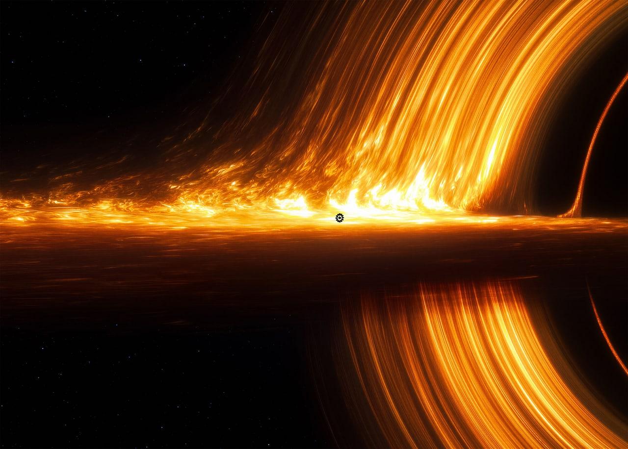 An orange accretion disk and its distorted reflection cut through deep space. Sweeping bands of light create a broad asymmetrical frame around the central darkness. Source: 4kwallpapers.com. Original artist not identified by the source page.