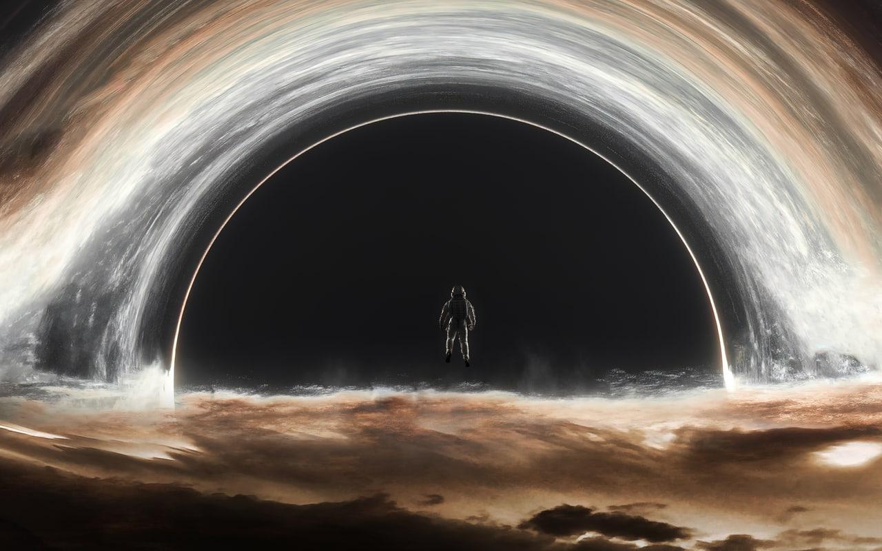 A bright accretion arc bends over a black center above a cloudlike planetary surface. The luminous curve reaches both edges, carrying the cosmic scale around the conversation. Source: 4kwallpapers.com. Original artist not identified by the source page.
