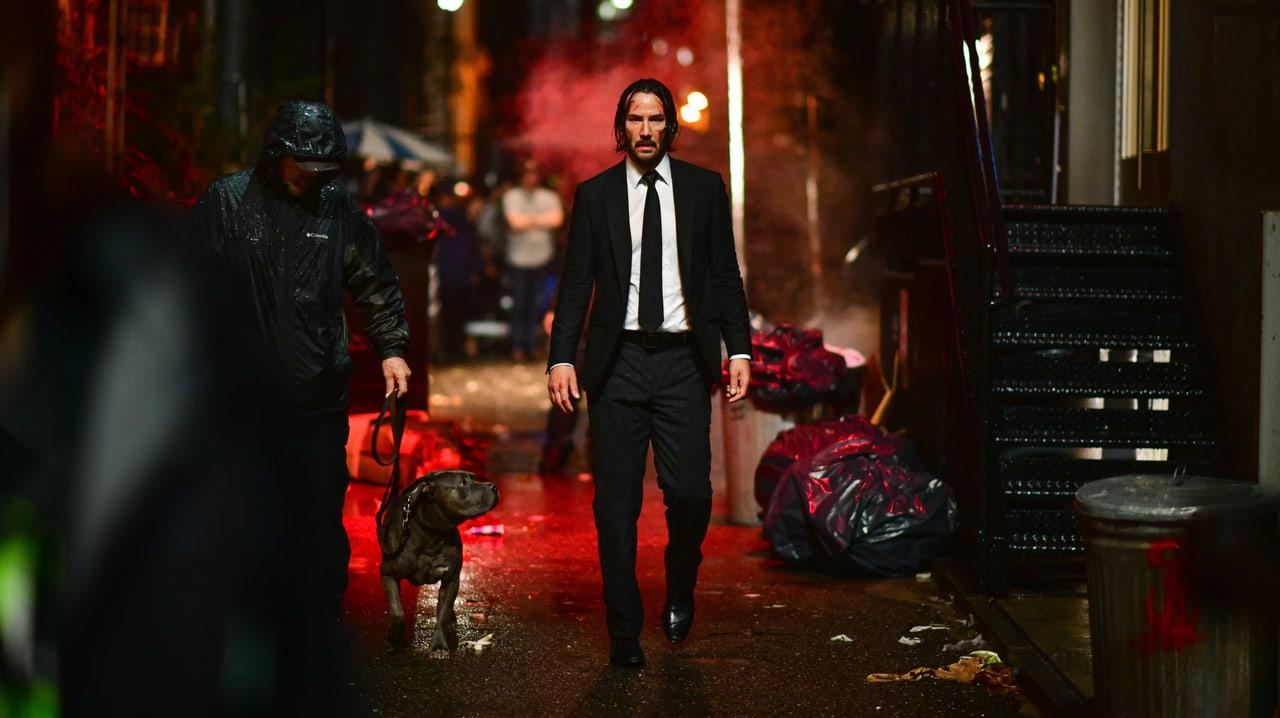 John Wick walks with a dog along a wet alley at night. Shadowed figures, brickwork and a metal stairway frame red reflections on the pavement.