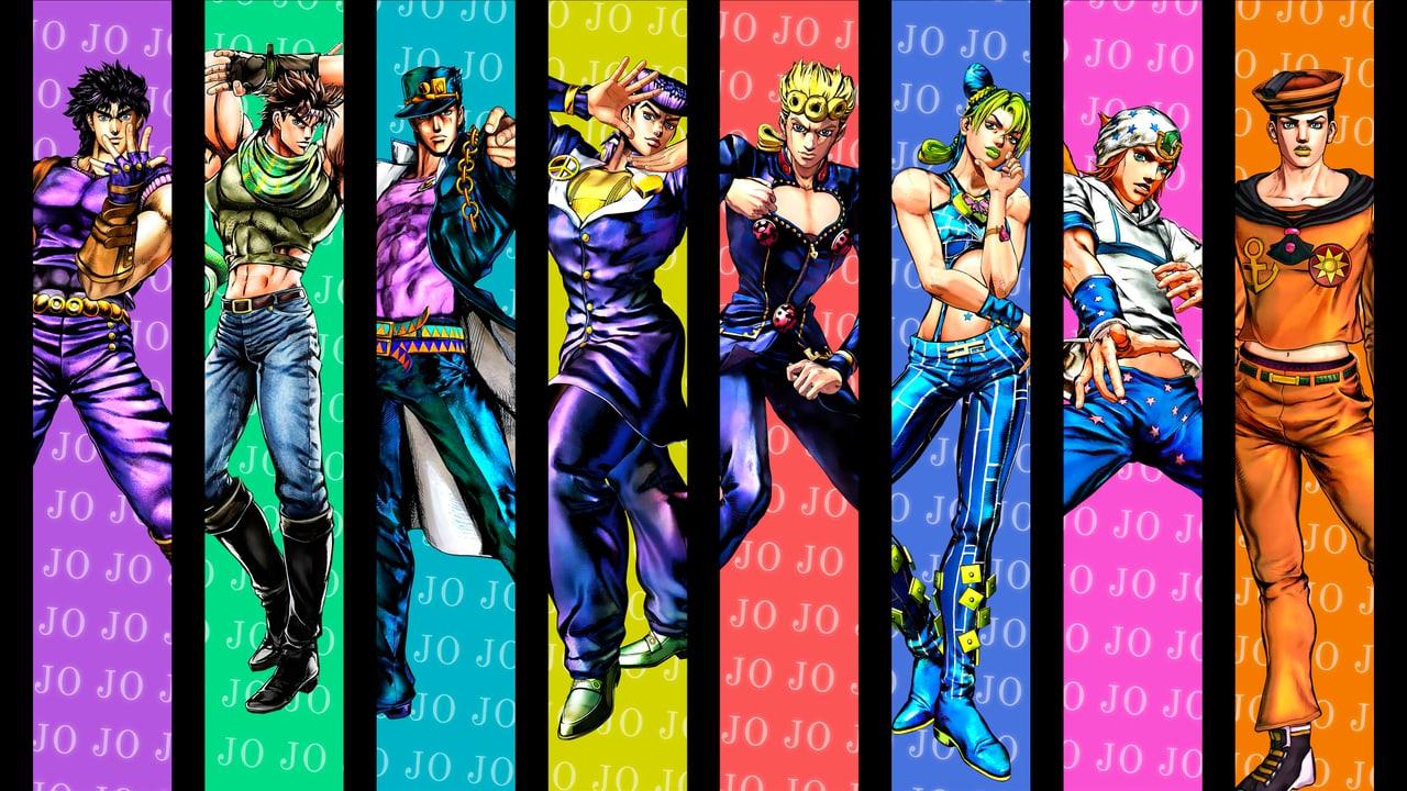 JoJo protagonists stand in a sequence of saturated vertical panels. The first and last figures remain visible beside the chat, backed by repeated JoJo lettering.