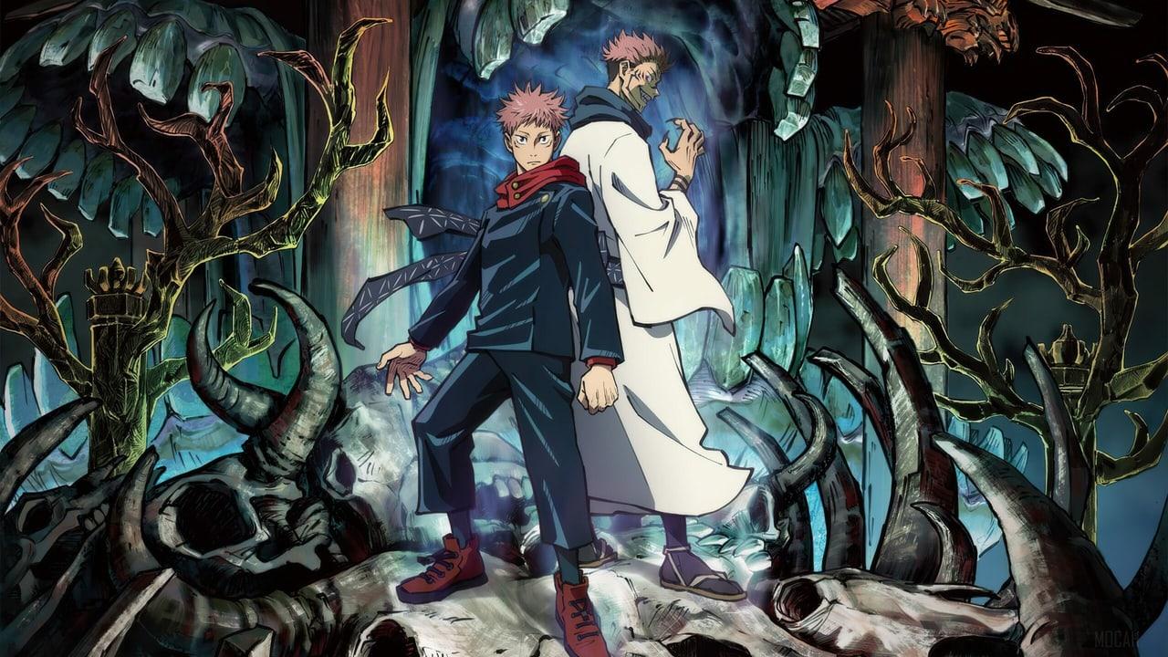 Yuji and Sukuna are surrounded by interlocking teeth, jaws and tangled dark teal shapes.
