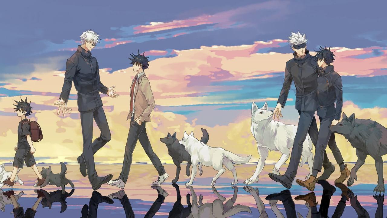 Gojo and Megumi figures walk across reflective water with dogs, distant hills and pink-gold clouds.