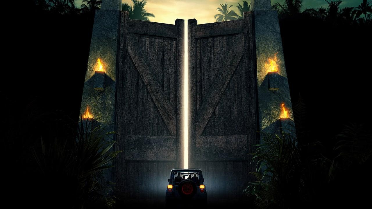 Flames illuminate enormous park gates above a small approaching vehicle. Dense tropical vegetation holds the dark margins of the entrance. Source: 4kwallpapers.com. Original artist not identified by the source page.