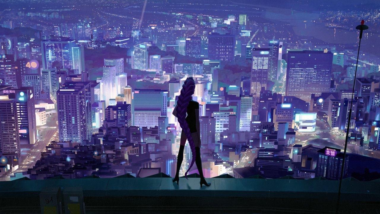 A lone figure stands on a rooftop above a sprawling blue-violet city filled with illuminated towers and signs.