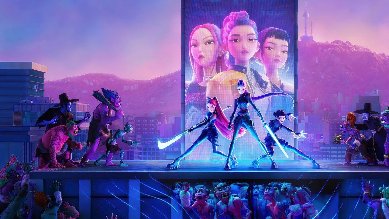 Huntrix performs with glowing weapons on a rooftop stage beneath large portraits and a pink-purple sky.