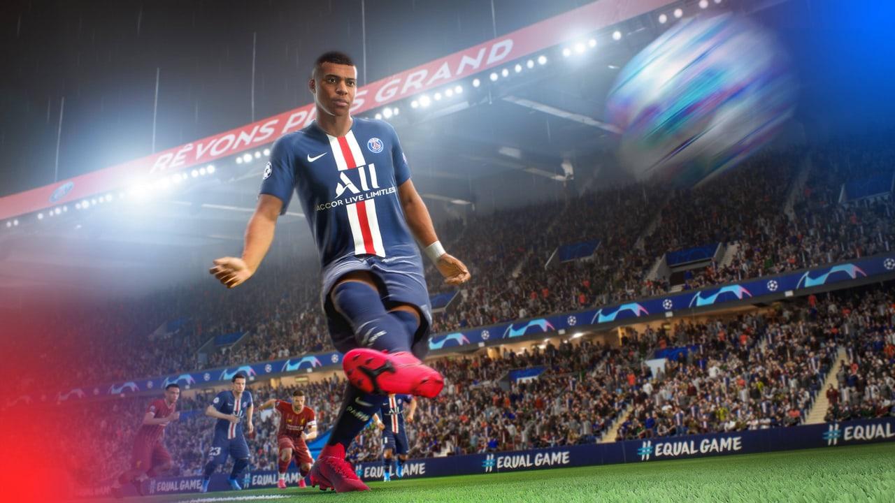 A game-rendered Kylian Mbappé kicks across a bright stadium as players, crowd tiers and a motion-blurred ball extend to both sides.