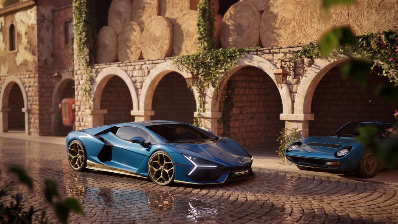 A blue supercar rests in a stone courtyard with arches, ivy and cobbled paving.