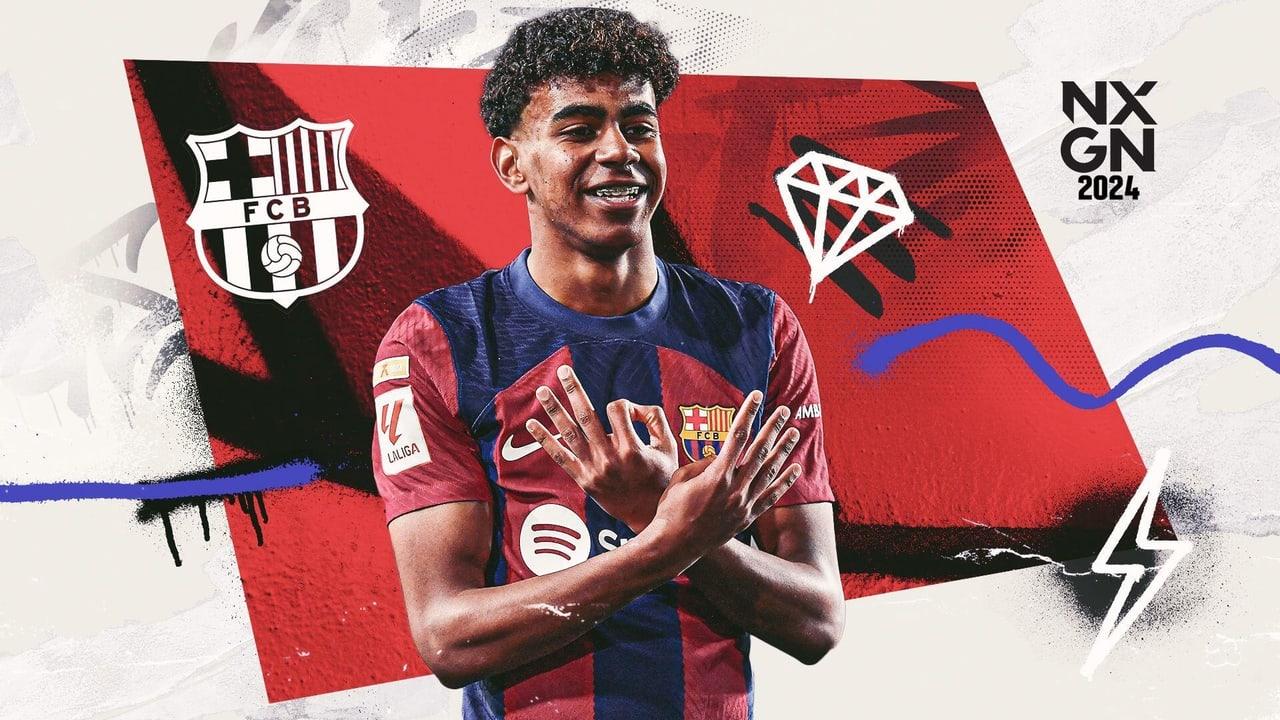 Lamine Yamal poses in a Barcelona shirt amid red panels, cream paper textures, drawn symbols and NXGN 2024 lettering.