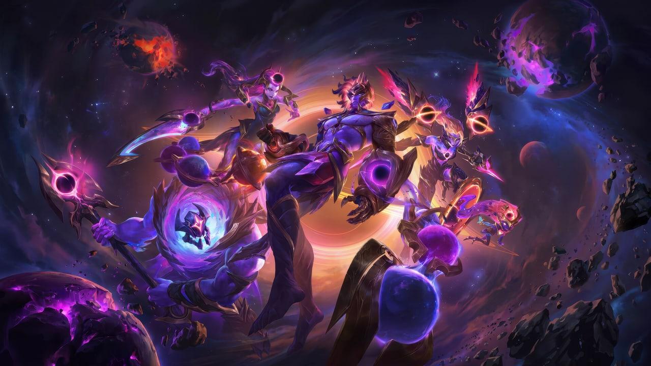 League of Legends Dark Star characters appear among glowing purple orbs and dark cosmic clouds.