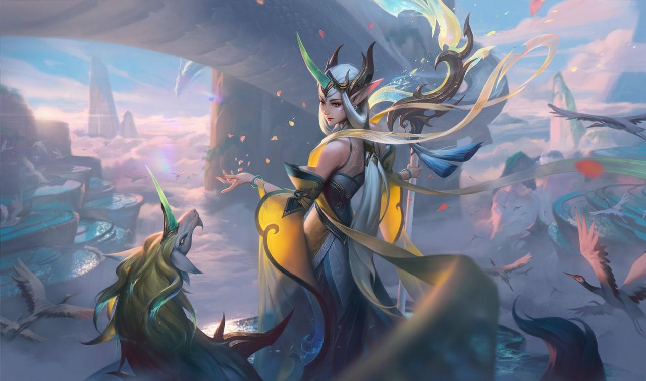 Soraka in ornate pale blue and gold attire stands before a misty pastel landscape of peaks and distant architecture.