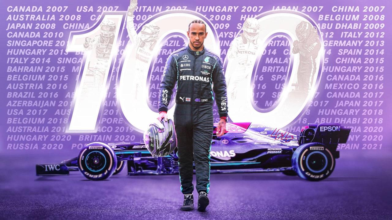 Lewis Hamilton walks before a full-width Mercedes and giant 100 numerals on a bright lavender record-of-wins collage.