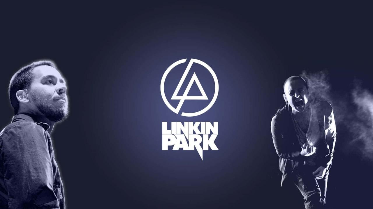 Historic performance portraits of Mike Shinoda and Chester Bennington flank the Linkin Park mark. Blue-gray haze connects the separated figures across a dark background. Source: sesh_re_rod003 on Wallpapers.com. Original artist not identified by the page.