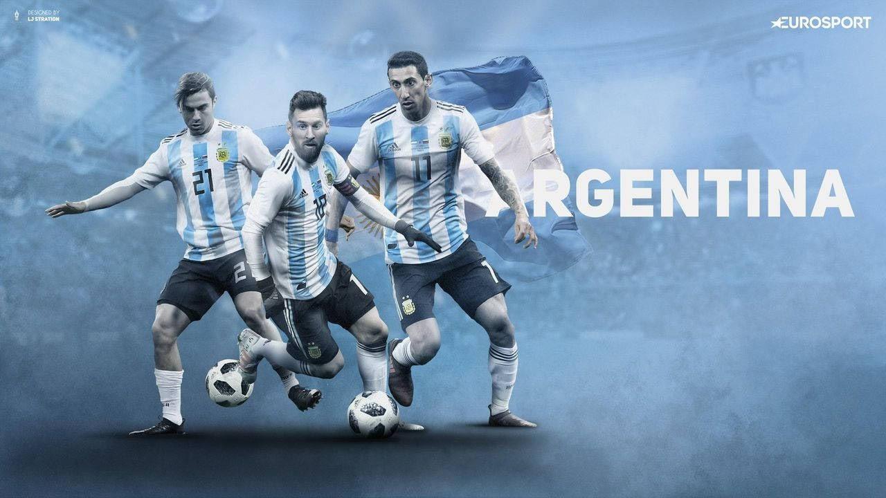 Paulo Dybala, Lionel Messi and Ángel Di María cross the left half of a pale-blue Argentina collage while the team name fills the right.