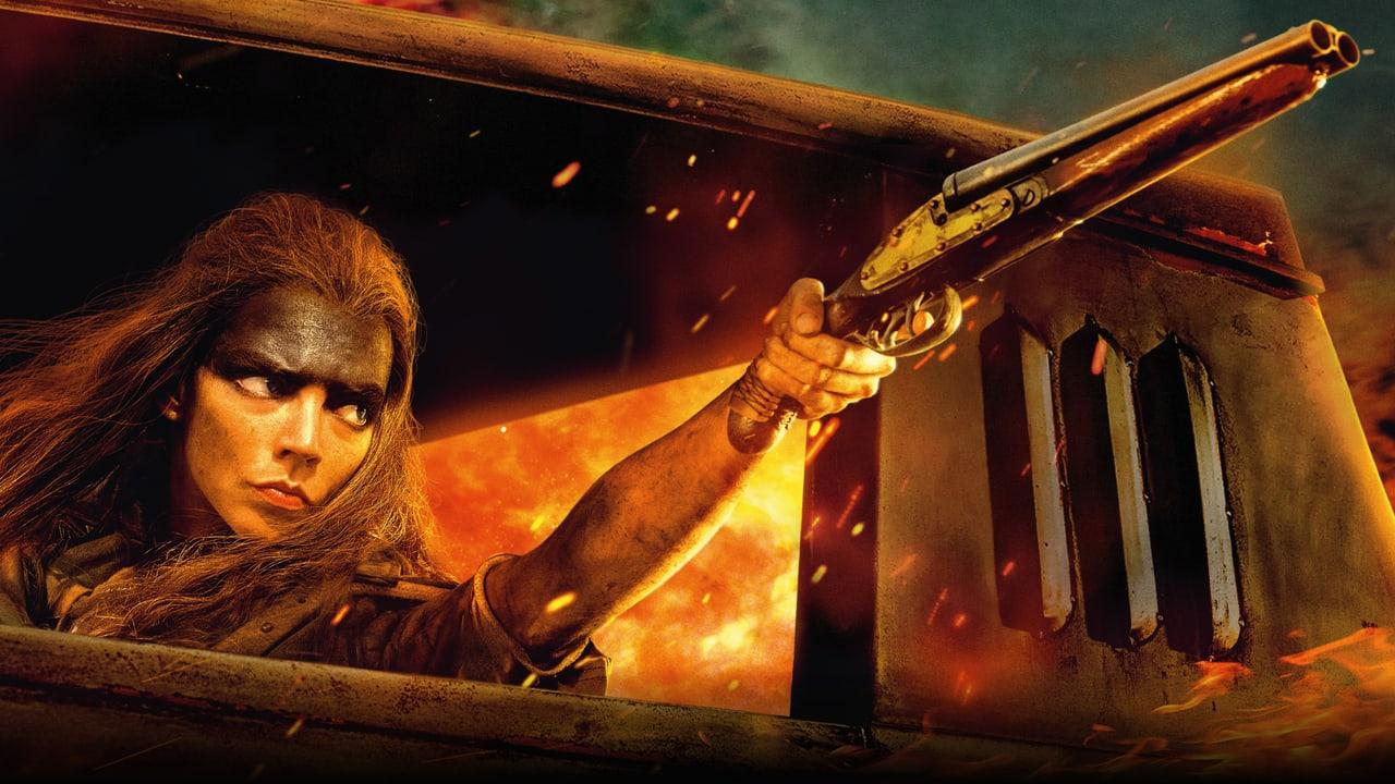Furiosa aims through an armored vehicle window in intense firelight. Hair and weathered metal fill the left, with barrel, armor plate and flame at the right.