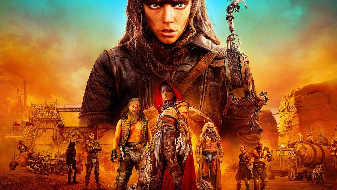 A Furiosa ensemble poster spreads across orange industrial wasteland. Pipes, bikes, machinery and mesas occupy the margins around the central cast.