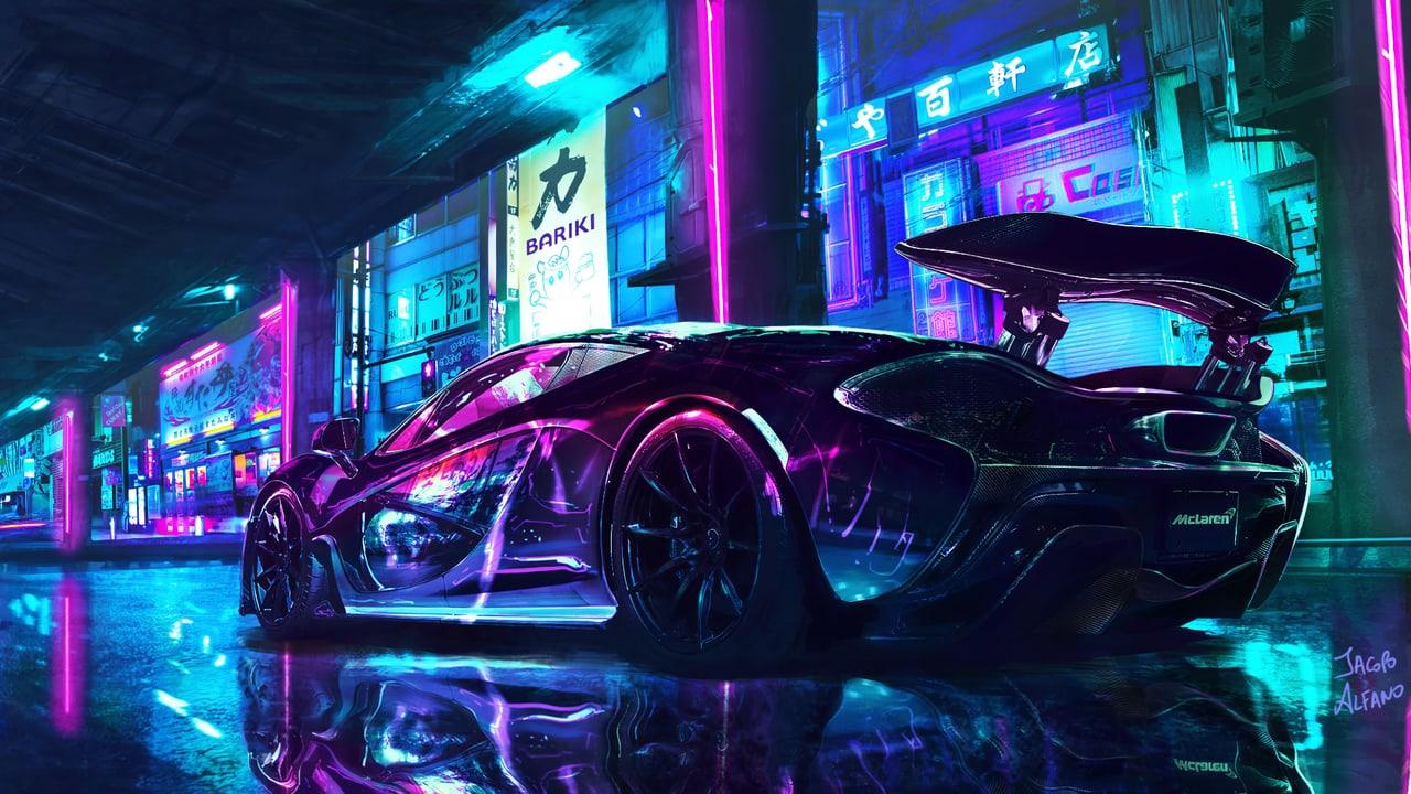 A purple supercar and its reflections sit among cyan and magenta signs on a night street.