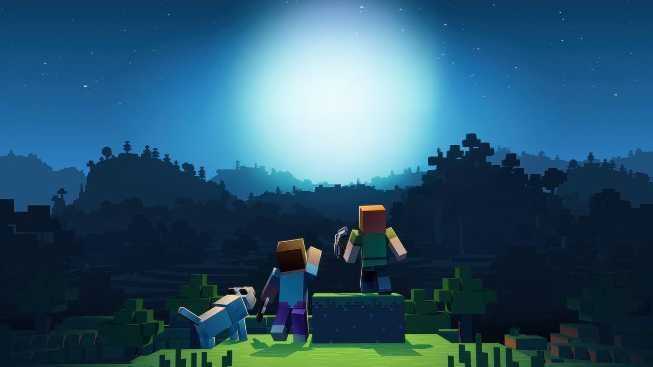 Minecraft characters and a wolf stand on a grassy rise above a dark forest beneath a bright moon.