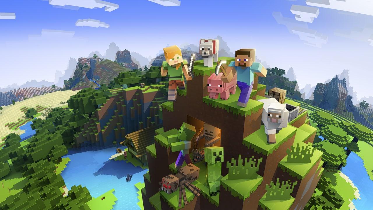 Minecraft characters and animals gather on a grassy block hill above water under a pale blue sky.