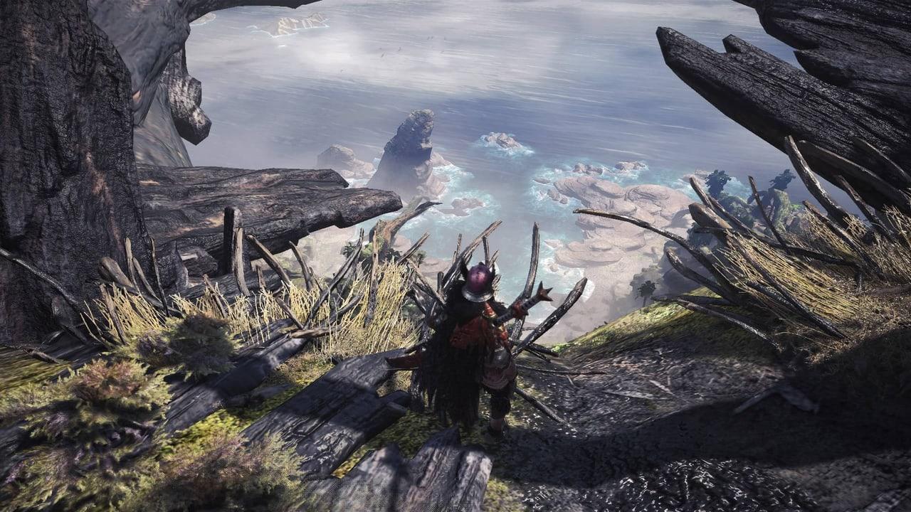 A hunter looks down from jagged rock toward a pale sea and distant formations. Weathered stone and tufts of grass frame the open view. Source: szinda2 on Wallpapers.com. Original artist not identified by the page.