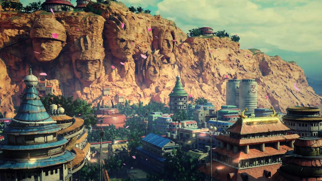 Warm daylight falls across Konoha rooftops, green pagodas and the carved Hokage cliff.