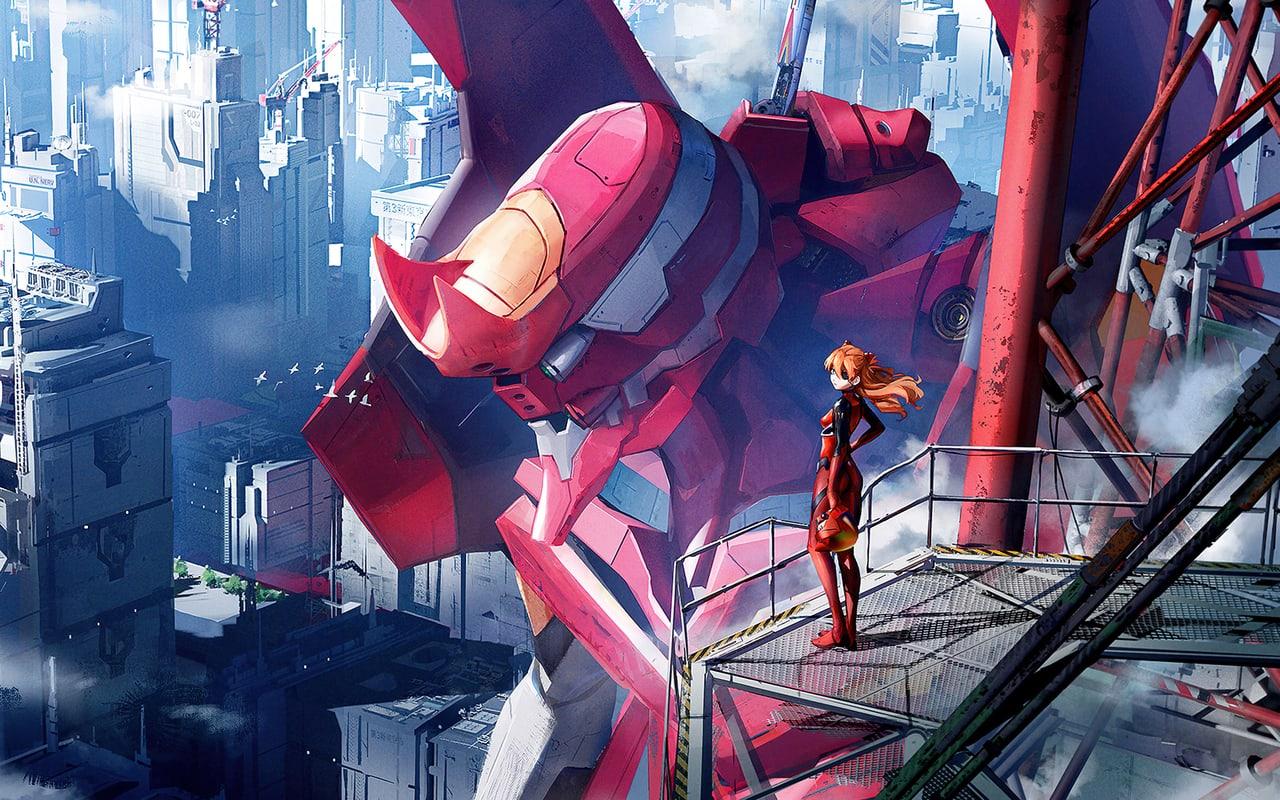 Asuka stands on an industrial platform beside an enormous red Evangelion head. Pale city towers and dark steel braces balance the two sides of the frame. Source: 4kwallpapers.com. Original artist not identified by the source page.