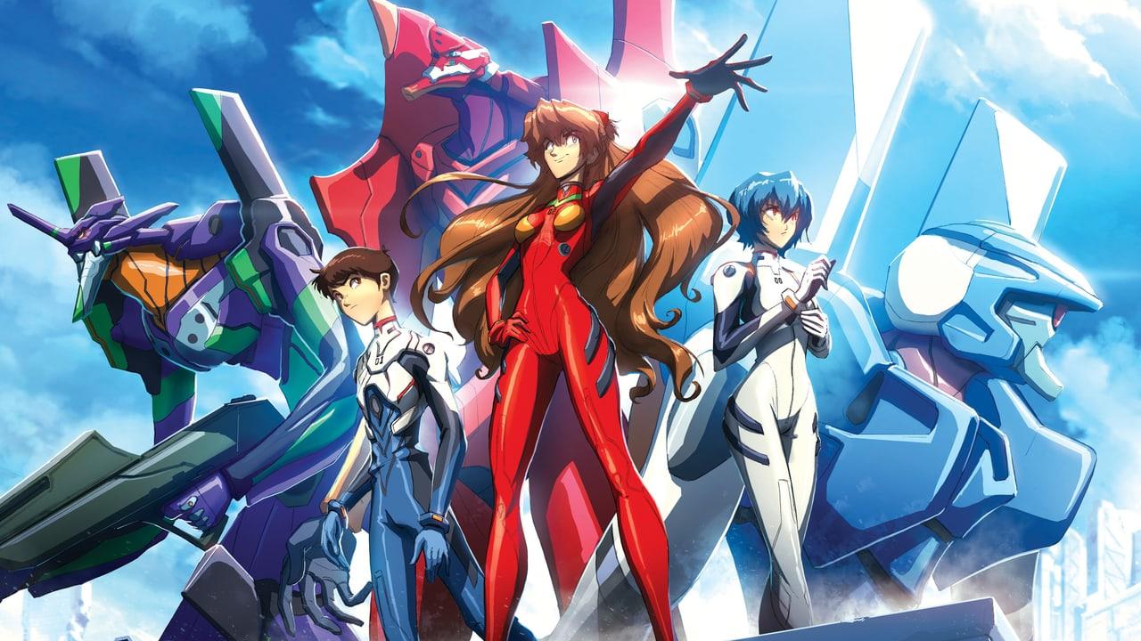 Shinji, Asuka and Rei stand before their towering Evangelions beneath bright clouds. The outer units make the mechanical scale visible across the width. Source: 4kwallpapers.com. Original artist not identified by the source page.