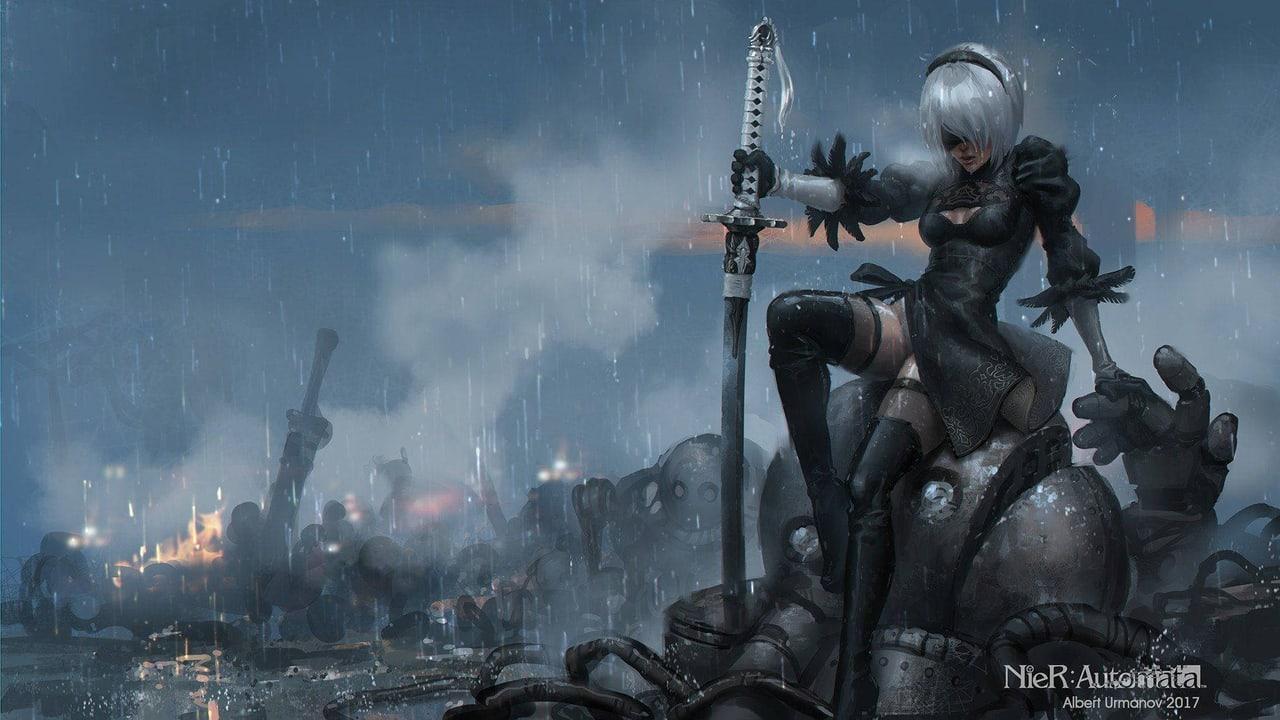 2B sits above discarded machines in a rainy industrial landscape. Distant fires and wreckage on the left balance mechanical limbs and cold rain at the right.