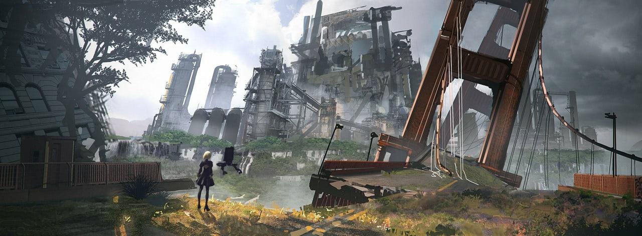 Small android figures approach a ruined city beneath a broken suspension bridge. Trees and damaged buildings frame the left, while the bridge tower dominates the right crop.