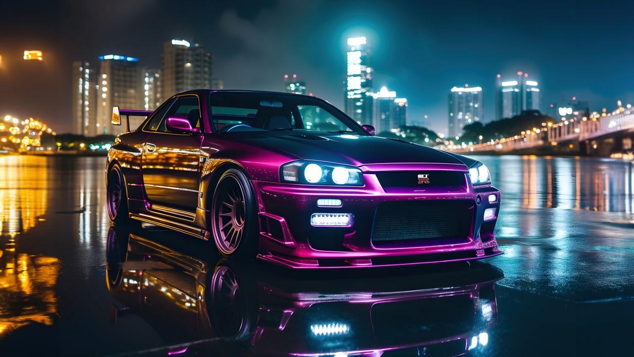 A purple-lit Skyline faces the viewer beside a city waterfront with reflected towers.