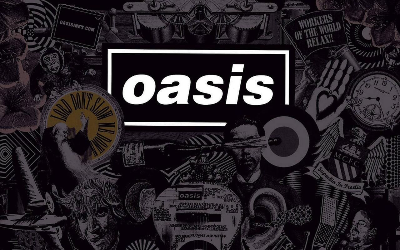The Oasis wordmark sits within a dense illustrated collage of instruments, animals and circular emblems. Repeated motifs cover both margins of the dark graphic.