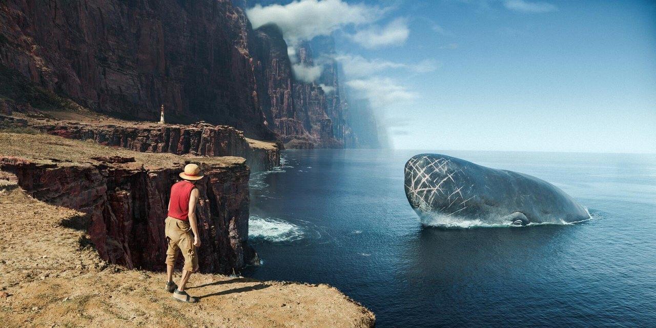 Luffy stands on a rocky coastal ledge above blue water as a huge scarred whale rises nearby.
