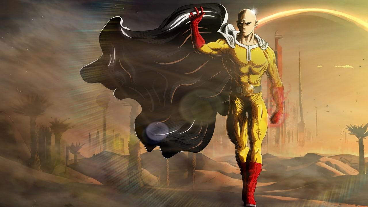 Saitama stands in a dusty golden cityscape with his cape lifted by the wind. Ruined towers and palms continue through the sand haze at both edges.